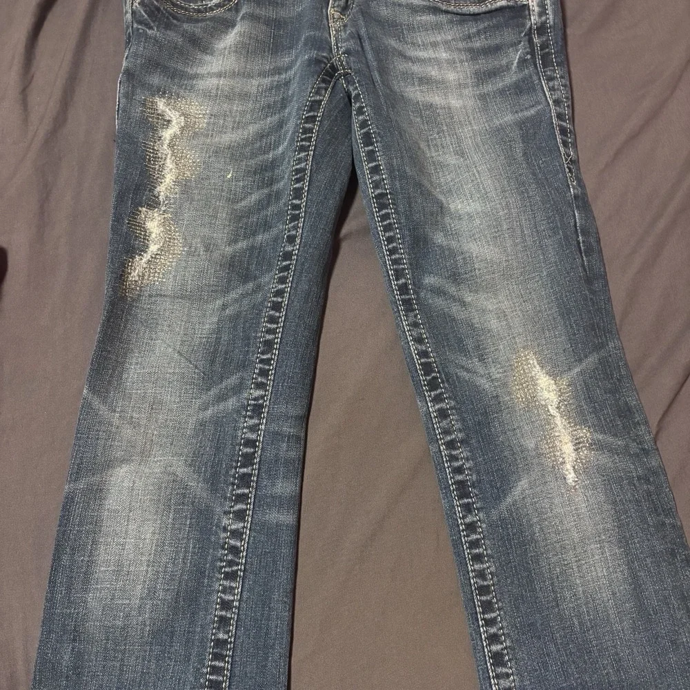 Y2K Rock Revival Celine Boot Cut Jeans Size 27 Distressed Flap Pocket Blue Denim
